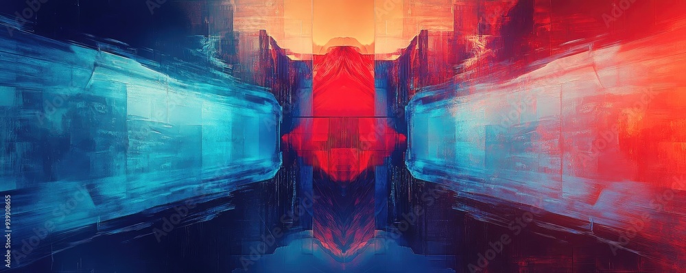 Poster a vibrant blend of red and blue colors creating an abstract digital background with dynamic light pa