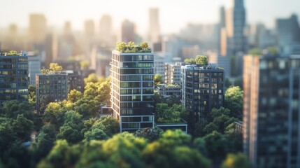 Obraz premium A serene urban skyline view highlighting modern high-rise buildings surrounded by lush greenery during daytime.