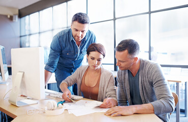 Manager, coaching or business people with documents in startup for project management or progress...