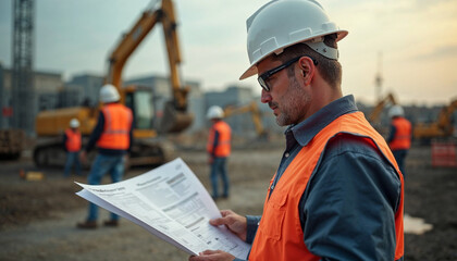 A civil engineer reviewing project plans on a construction site.