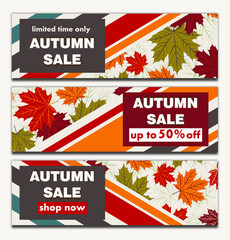 autumn sale abstract background, bright vector illustration of several banners with strips and falling autumn leaves on a white background