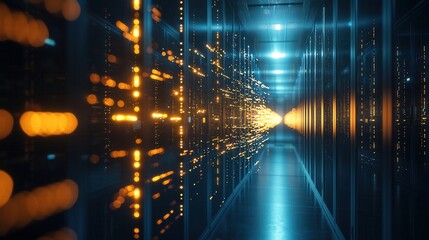 Obraz premium Software Deployment Process A server room where software deployment is taking place with code flowing like streams of light.