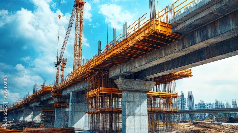 Poster a vibrant construction scene of a bridge under development with cranes and scaffolding against a bri