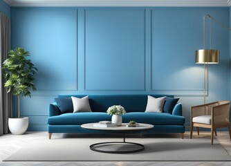 Interior of living room with blue sofa 3d rendering