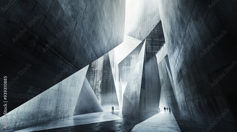 Poster abstract architectural space with towering geometric structures and sharp light contrasts, capturing