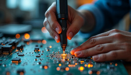close-up of an electrical engineer examining circuits
