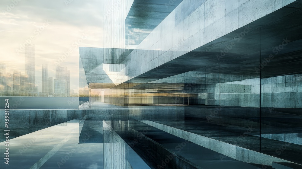 Poster abstract architecture shot featuring modern glass and concrete structures with dynamic reflections a