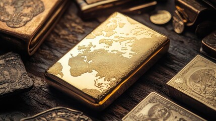 Fototapeta premium Elegant golden case with a world map design, surrounded by vintage coins and decorative artifacts on a rustic wooden surface.