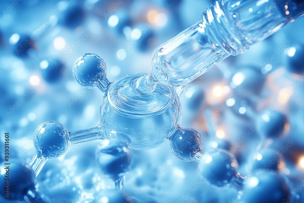 Poster molecular structure: a close-up, macro shot of a complex molecular structure, rendered in a striking