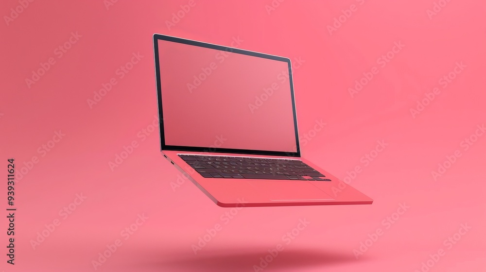 Poster 3d rendering of a levitating laptop mockup with colorful background, floating notebook device in mod
