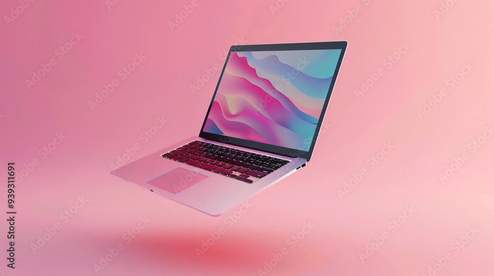 Poster 3d rendering of a levitating laptop mockup with colorful background, floating notebook device in mod