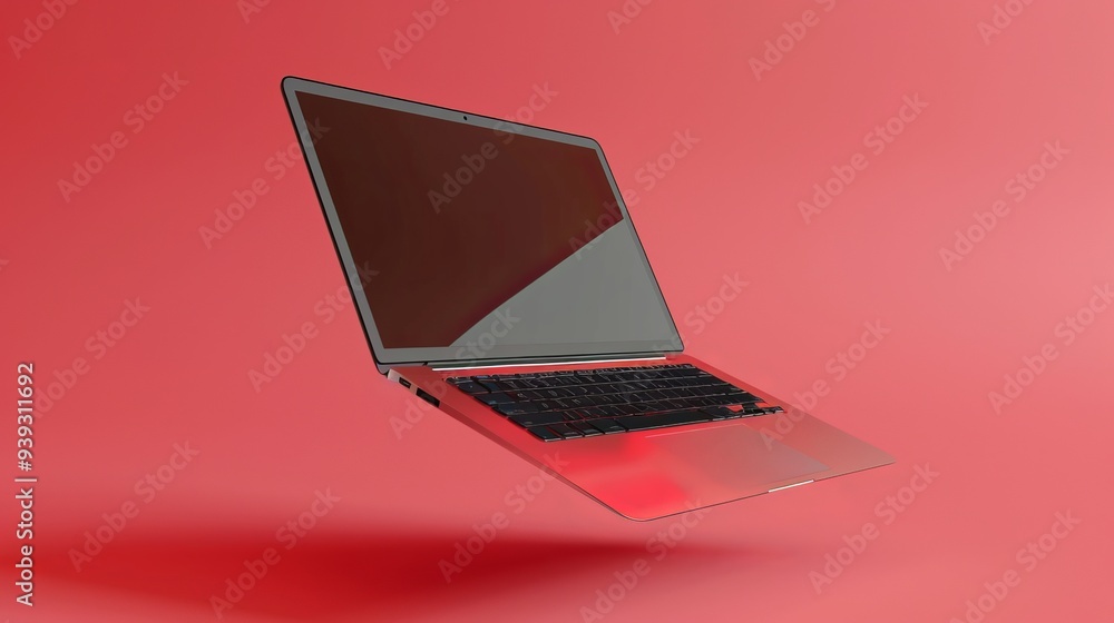 Poster 3d rendering of a levitating laptop mockup with colorful background, floating notebook device in mod
