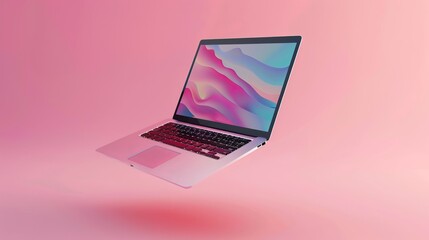 3d rendering of a levitating laptop mockup with colorful background, floating notebook device in modern technology-themed design, perfect for digital marketing, tech presentations, website templates, 