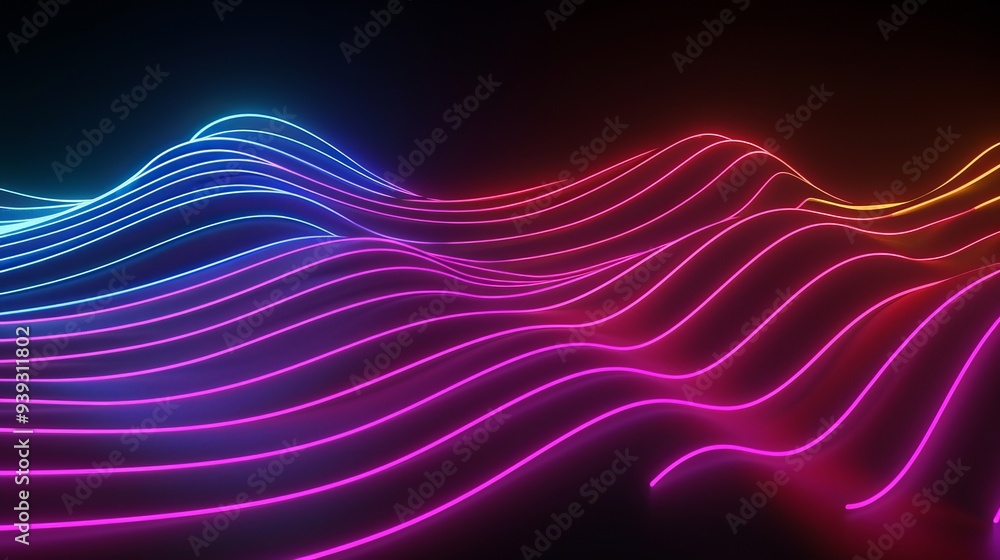 Poster 3d rendering of vibrant neon wavy lines glowing in the dark - abstract modern background with colorf