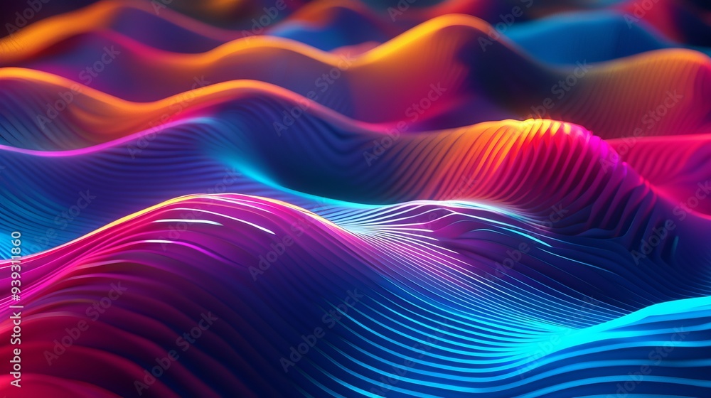 Aufkleber 3d rendering of vibrant neon wavy lines glowing in the dark - abstract modern background with colorf