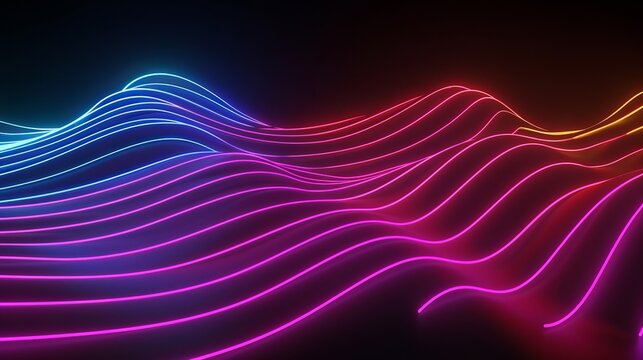 3d rendering of vibrant neon wavy lines glowing in the dark - abstract modern background with colorful flowing light waves for futuristic tech concepts and dynamic digital art, ideal for wallpaper, we