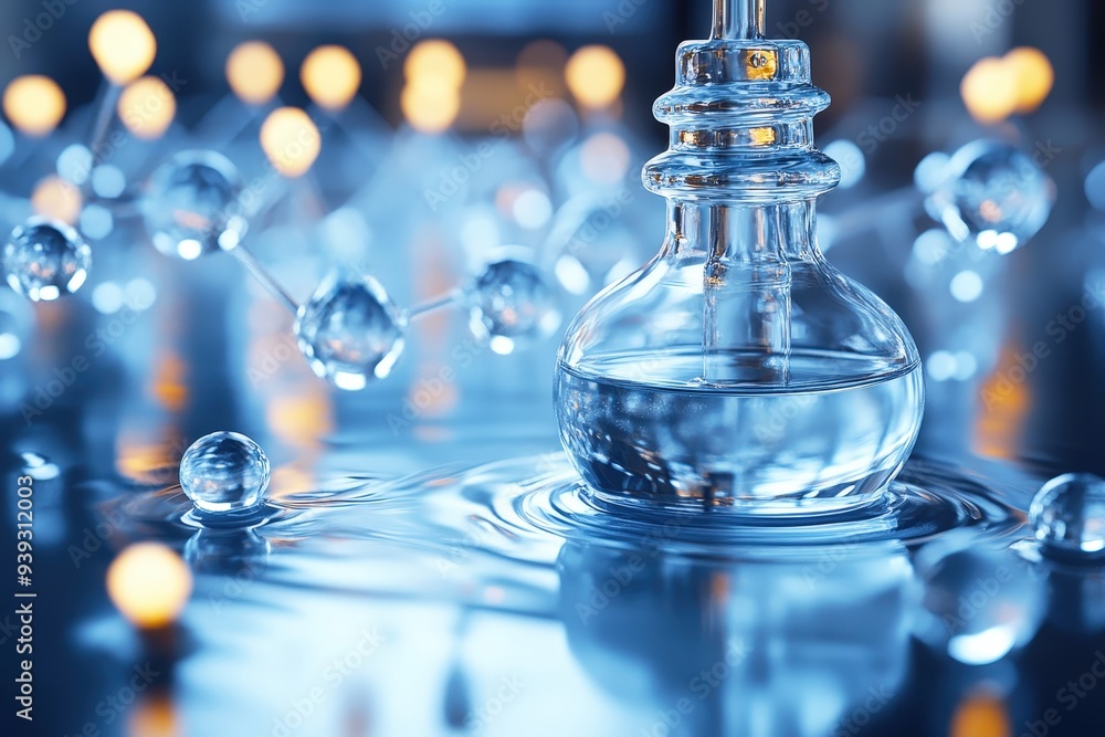 Poster liquid alchemy: a close-up of a glass flask filled with a clear liquid, surrounded by abstract molec