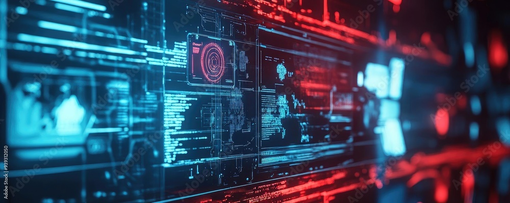 Aufkleber futuristic digital interface with vibrant red and blue elements, showcasing data visualization and t