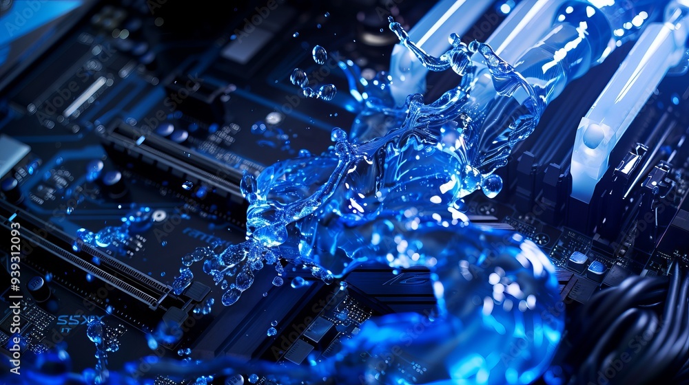 Poster high-tech computer case with advanced water cooling system and liquid explosion effect in abstract b