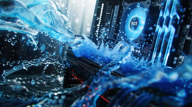High-tech computer case with advanced water cooling system and liquid explosion effect in abstract blue tones, showcasing futuristic hardware design and intricate liquid cooling components, ideal for 