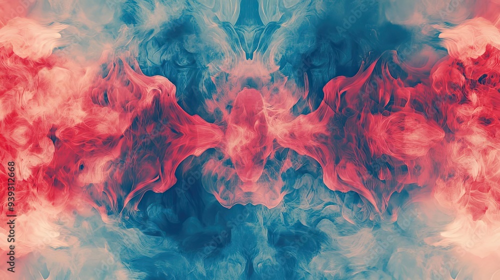 Poster vibrant abstract art with swirling blue and red smoke, creating a dynamic and captivating visual exp
