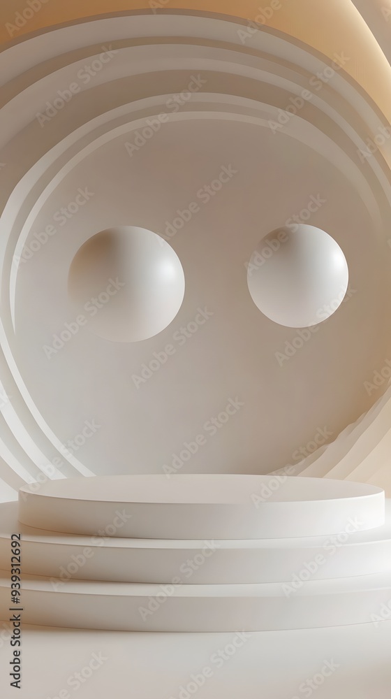 Poster 41. abstract 3d render of floating geometric shapes with a smooth circle ceramic backdrop