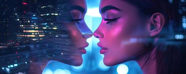 Two faces merge in a mesmerizing blend of neon hues and urban backdrop, capturing a moment of introspective connection.