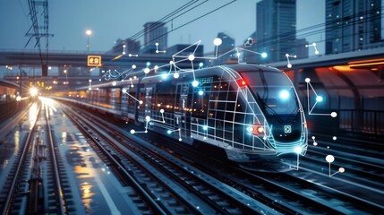 Fototapeta premium Urban night scene with tram, colorful light trails, wet city streets reflecting city lights and modern architecture