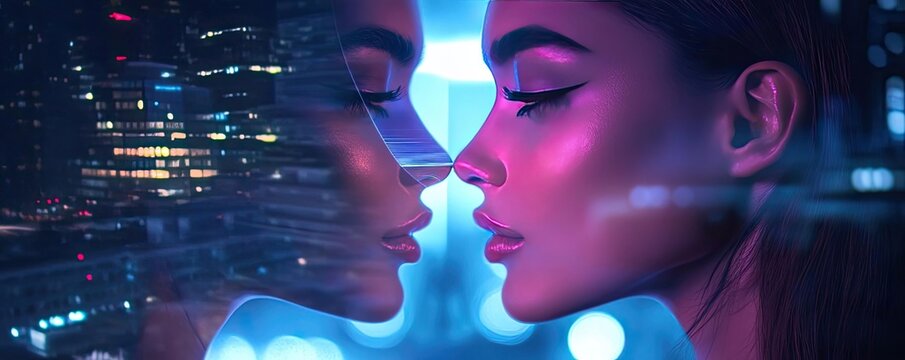 Two faces merge in a mesmerizing blend of neon hues and urban backdrop, capturing a moment of introspective connection.