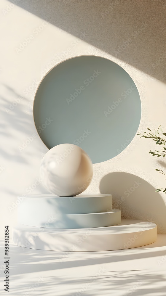 Poster 41. abstract 3d render of floating geometric shapes with a smooth circle ceramic backdrop