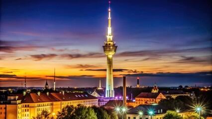 Naklejka premium Illuminated Tower Over Cityscape at Twilight