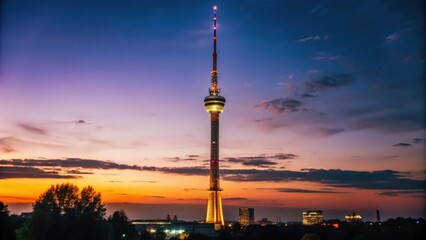 Obraz premium Illuminated Tower Silhouette Against a Vibrant Sunset Sky