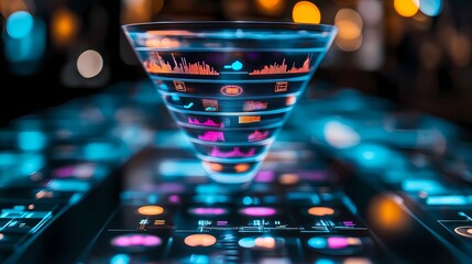 Digital marketing, sales funnels and conversion. A sales funnel spins over a smartphone with mobile app icons as a symbol of online shopping and digital marketing success.