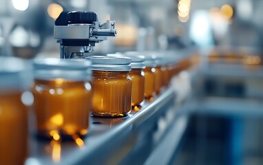 Close-Up of a Labeling Machine Applying Labels to Jars, Food Industry