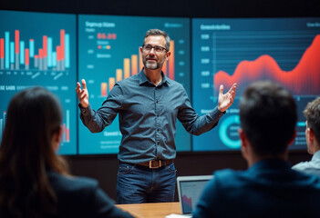 manager holding a performance meeting with employees in the meeting room
