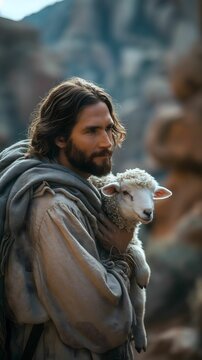 Biblical illustration, Jesus Carrying Lamb on His Shoulders