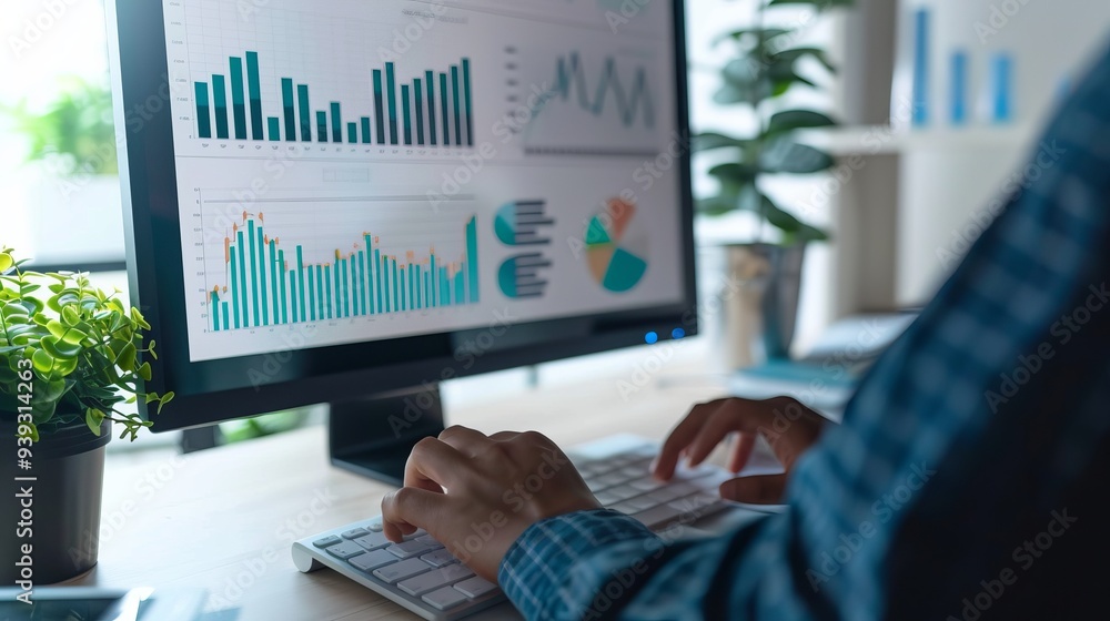 Poster business professional creating detailed presentation report on computer with graphs and slides, emph