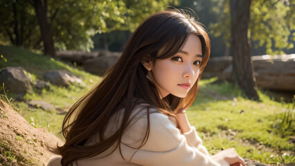 teen, brunette, park, illustration, woman