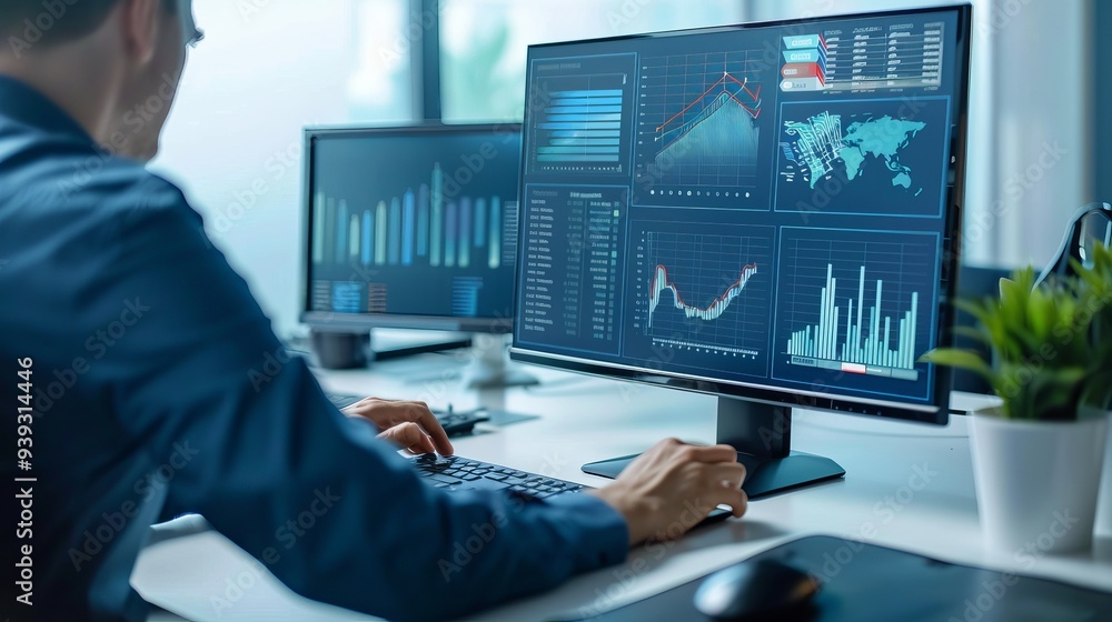 Poster business professional creating detailed presentation report on computer with graphs and slides, emph