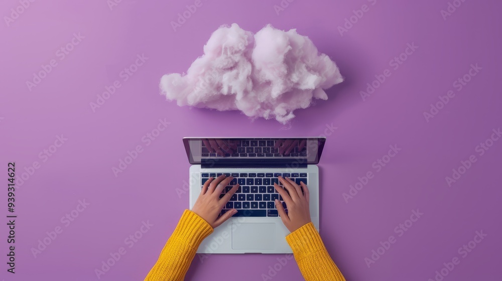 Poster top view of hands typing on laptop keyboard with futuristic cloud technology icons and digital data 