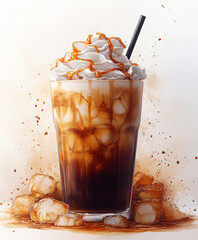 painted iced coffee with cream and caramel sauce