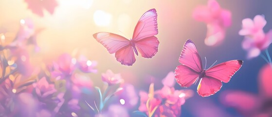 Pink Butterflies Flying Over Flowers in Springtime