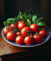 fresh tomatoes with leafs in a bowl