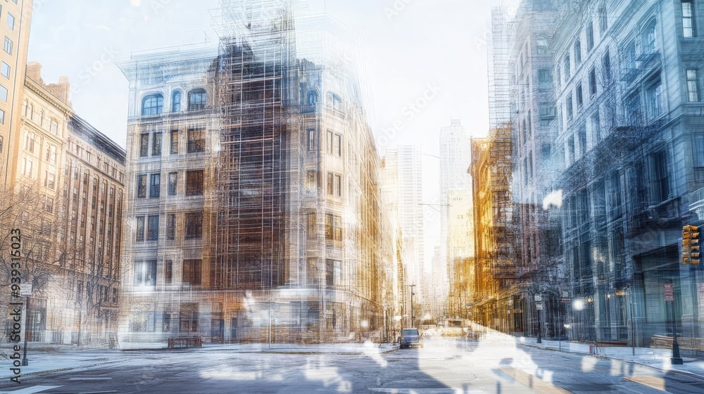 Poster abstract image of a cityscape with multiple exposures creating a dynamic, contemporary urban scene d