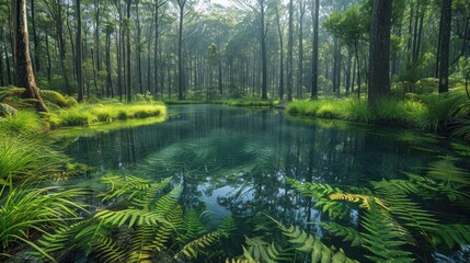 A pristine rainforest river, its crystal-clear water flows through a lush canopy of ferns and trees.