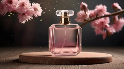Aesthetic perfume bottle on luxury podium with pink flower decoration, elegant luxury perfume product promotion. Seamless 4K looping timelapse video animation background