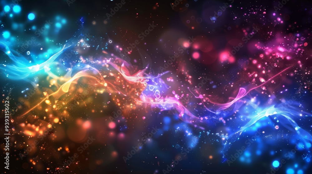 Poster futuristic abstract background with glowing colorful lights and dynamic geometric shapes, vibrant ne