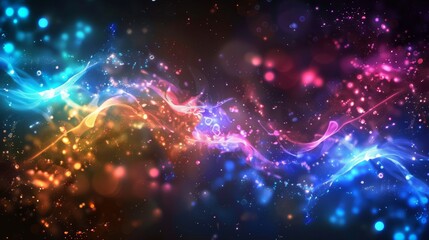 Fototapeta premium Futuristic abstract background with glowing colorful lights and dynamic geometric shapes, vibrant neon gradient design with depth and motion effect, ideal for technology concepts, digital interfaces, 