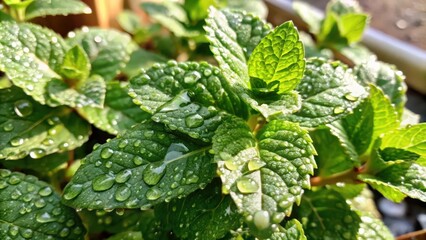 Close-up of Dewy Green Mint Leaves in Sunlight