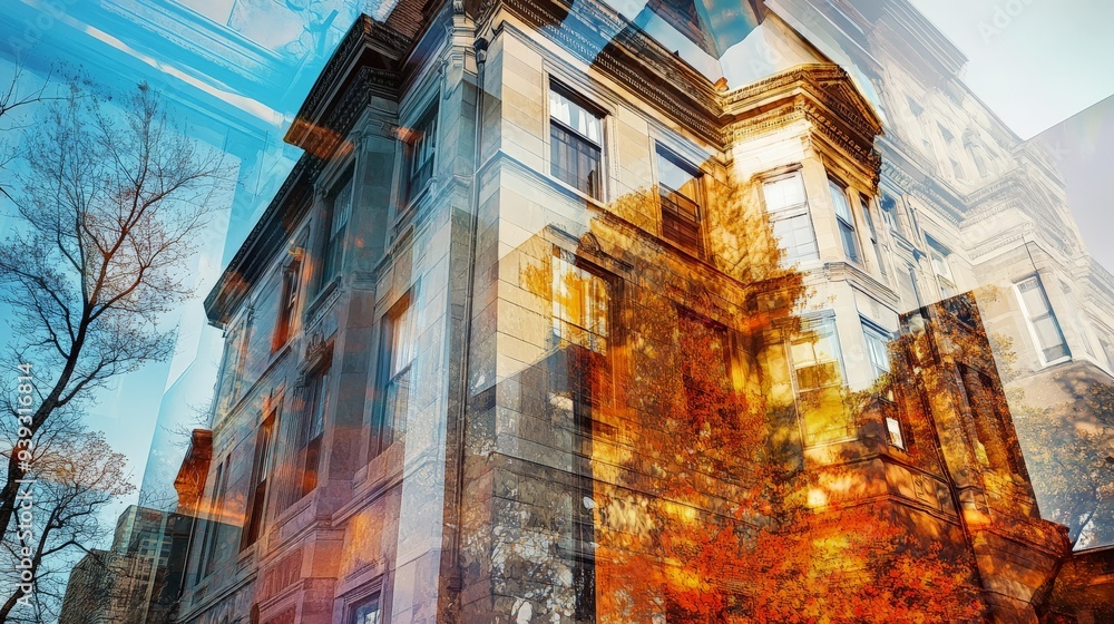 Poster abstract urban architecture with vibrant reflections, combining elements of a historic building amid